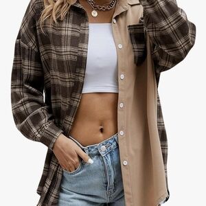Shein Plaid & Solid Tan Color Block Button-Front Flannel Shirt Womens Streetwear